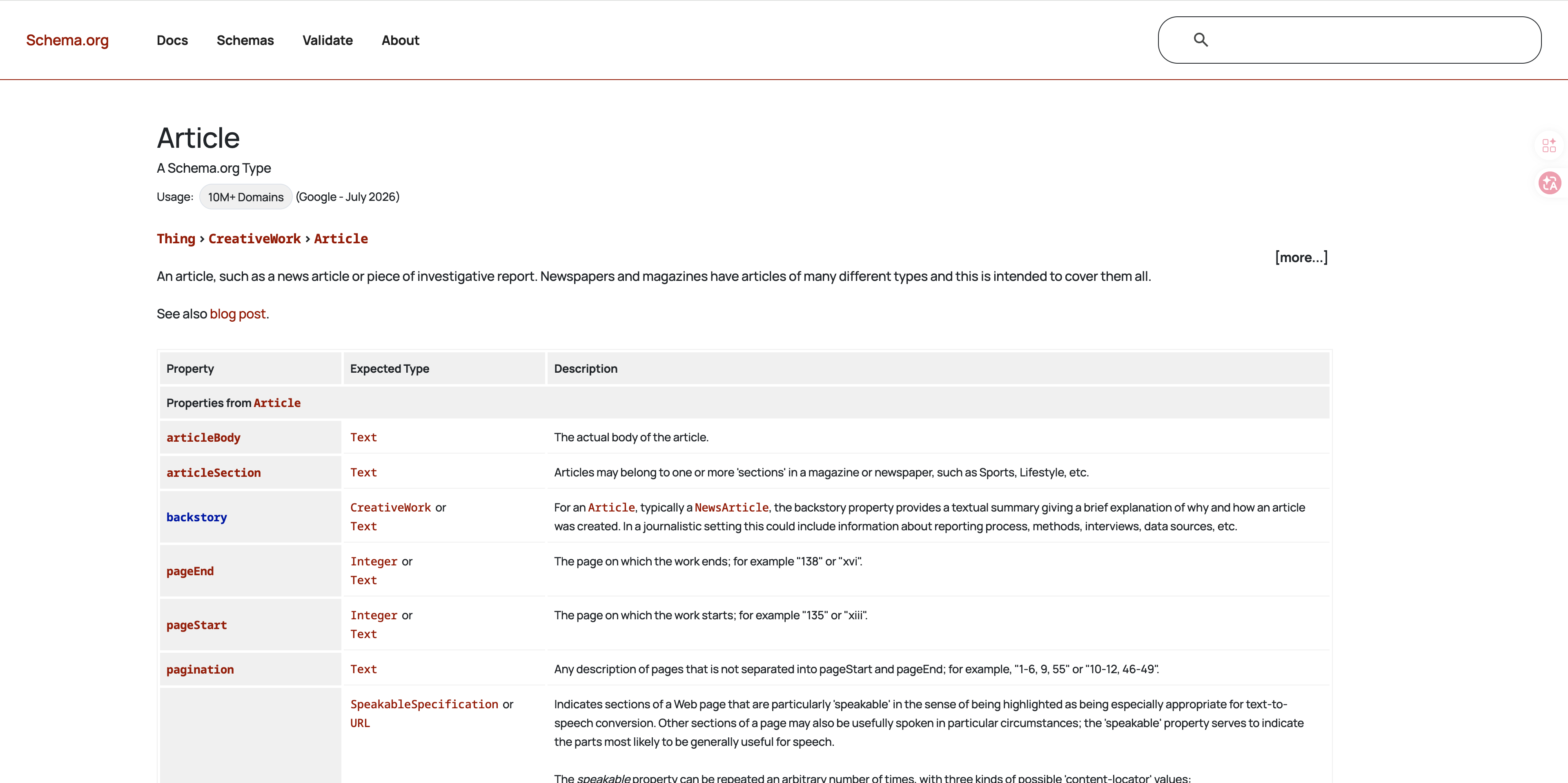 schema.org中Article介绍的截图